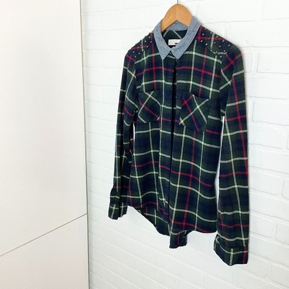 Vintage Y2K Button down Shirt Plaid Flanelle Studds Elbow patches Amnesia Navy S - Picture 3 of 16